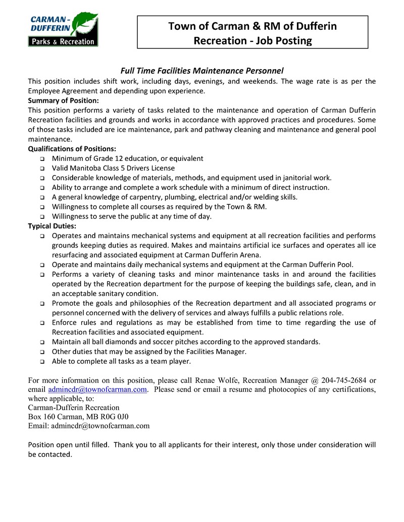 2026 Job Posting - Facilities Maintenance Person - July
